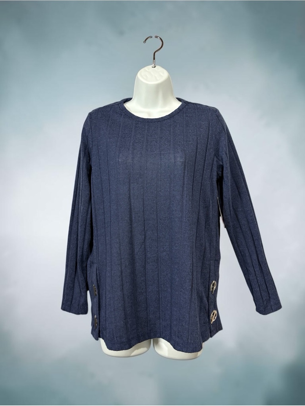 Lily Morgan, Navy Ribbed Knit Top, Medium, Soft Stretch Long Sleeve Sweater